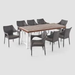 Espanola 9pc Wood And Wicker Dining Set Dark Brown/Multibrown - Christopher Knight Home