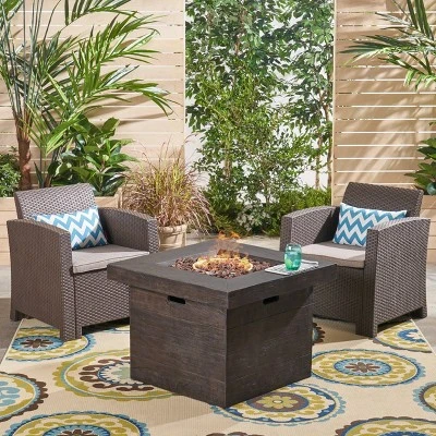 Bedrock 3pc Faux Wicker Chat Set With Fire Pit - Brown/Beige - Christopher Knight Home 1 Bedrock 3pc Faux Wicker Chat Set With Fire Pit - Brown/Beige - Christopher Knight Home
