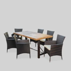 Torrens 7pc Acacia Wood/Wicker Patio Dining Set - Brown - Christopher Knight Home