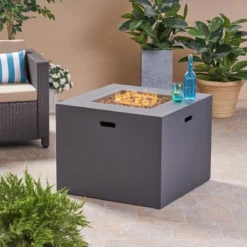 Aidan Outdoor Square Lightweight Concrete Gas Burning Fire Pit - Dark Gray - Christopher Knight Home