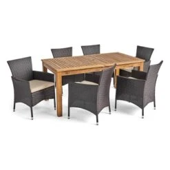 Nadia 7pc Wood & Wicker Expandable Patio Dining Set - Natural/Brown/Beige - Christopher Knight Home