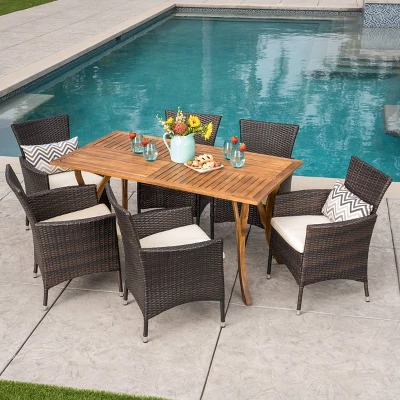 Bennett 7pc Acacia Wood And Wicker Dining Set - Christopher Knight Home 7 Bennett 7pc Acacia Wood And Wicker Dining Set - Christopher Knight Home - Image 7