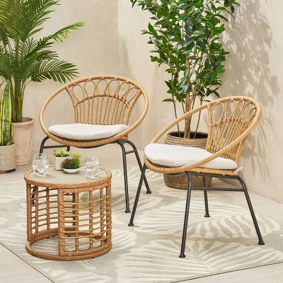 Specter 3pc Patio Wicker Chat Set - Light Brown/Beige/Black - Christopher Knight Home 1 Specter 3pc Patio Wicker Chat Set - Light Brown/Beige/Black - Christopher Knight Home