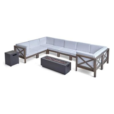 Thasos 10pc Acacia U-Shaped Farmhouse Sectional Sofa Set With Fire Pit - Gray/White/Dark Gray - Christopher Knight Home 1 Thasos 10pc Acacia U-Shaped Farmhouse Sectional Sofa Set With Fire Pit - Gray/White/Dark Gray - Christopher Knight Home