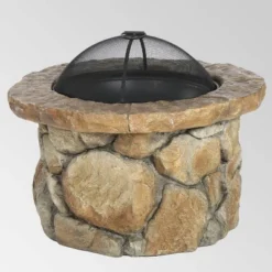 Clarendon 5pc Acacia Wood Club Chairs And Fire Pit Set - Teak/White/Natural Stone - Christopher Knight Home -Christopher Knight Home GUEST 3571a28e 6dd0 41dd ac43 fc3b792c4e92