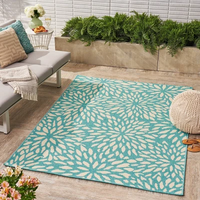 Simone Floral Outdoor Rug Blue/Ivory - Christopher Knight Home 2 Simone Floral Outdoor Rug Blue/Ivory - Christopher Knight Home - Image 2