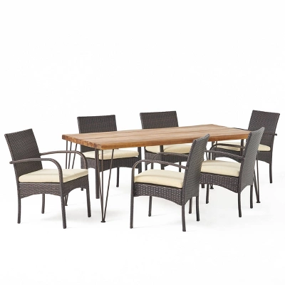 Clayton 7pc Acacia Wood & Iron Dining Set - Teak/Brown/Cream - Christopher Knight Home 1 Clayton 7pc Acacia Wood & Iron Dining Set - Teak/Brown/Cream - Christopher Knight Home
