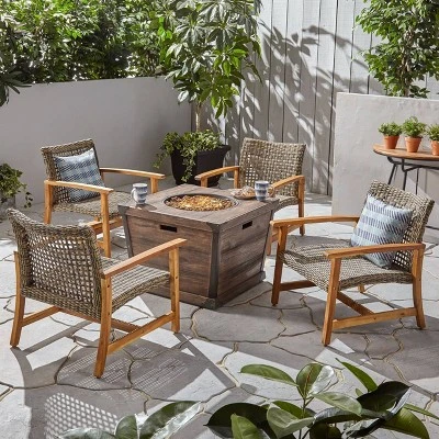 Hampton 5pc Wood & Wicker Club Chair Set With Fire Pit - Christopher Knight Home 7 Hampton 5pc Wood & Wicker Club Chair Set With Fire Pit - Christopher Knight Home - Image 7