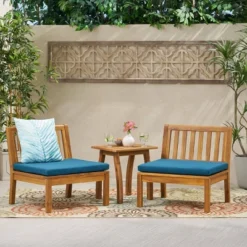 Yadira 3pc Acacia Wood Chat Set - Teak/Dark Teal - Christopher Knight Home