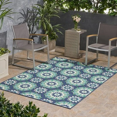 5'3" X 7' Medallion Outdoor Rug Navy/Green - Christopher Knight Home 2 5'3" X 7' Medallion Outdoor Rug Navy/Green - Christopher Knight Home - Image 2