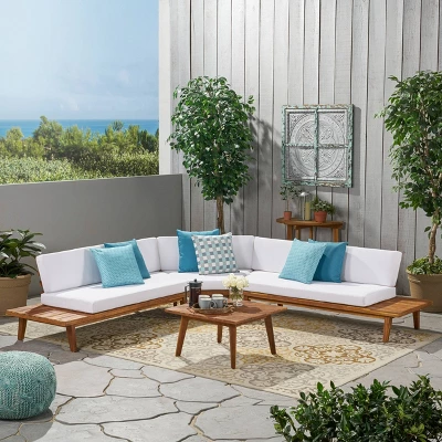 Hillcrest 4pc Acacia V-Shaped Outdoor Patio Sectional Sofa Set - Natural/White - Christopher Knight Home 1 Hillcrest 4pc Acacia V-Shaped Outdoor Patio Sectional Sofa Set - Natural/White - Christopher Knight Home