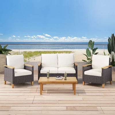 Isla Outdoor 4 Seater Chat Set With Coffee Table - Brown/Beige/Teak - Christopher Knight Home 1 Isla Outdoor 4 Seater Chat Set With Coffee Table - Brown/Beige/Teak - Christopher Knight Home