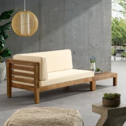 2pk Oana Outdoor Acacia Wood Left Arm Loveseat & Coffee Table With Cushion Teak/Beige - Christopher Knight Home -Christopher Knight Home GUEST 599181d3 71c6 408a 894e f6a0c20ed1f9