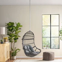 Richards Outdoor/Indoor Wicker Hanging Chair With 8 Foot Chain (No Stand) - Gray/Dark Gray - Christopher Knight Home -Christopher Knight Home GUEST 602be215 96a9 452c b7c3 b11d8dcc6ffd