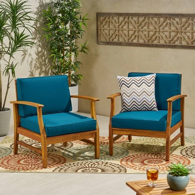 Perla 2pk Acacia Wood Club Chairs - Teak/Blue - Christopher Knight Home 1 Perla 2pk Acacia Wood Club Chairs - Teak/Blue - Christopher Knight Home