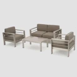 Cape Coral 4pc Cast Aluminum Patio Loveseat Set With Cushions - Silver - Christopher Knight Home