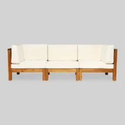 Oana 3pc Acacia Wood Patio Modular Sofa - Teak/Beige - Christopher Knight Home