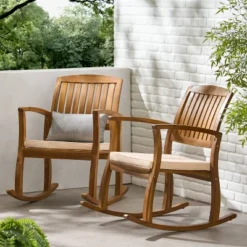 Selma 2pk Acacia Wood Rocking Chair - Teak/White - Christopher Knight Home