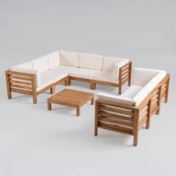 Oana 9pc Acacia Wood Sectional Sofa Set - Teak/Beige - Christopher Knight Home