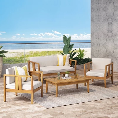 Nicholson Outdoor 4 Seater Acacia Wood Chat Set - Teak/Beige - Christopher Knight Home 1 Nicholson Outdoor 4 Seater Acacia Wood Chat Set - Teak/Beige - Christopher Knight Home