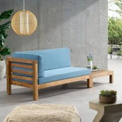 2pk Oana Outdoor Acacia Wood Left Arm Loveseat & Coffee Table With Cushion Teak/Blue - Christopher Knight Home -Christopher Knight Home GUEST 8f4723b8 204c 47a9 a182 f4e7cf773714