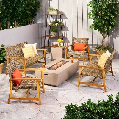 Augusta 6pc Wood & Wicker Chat Set With Fire Pit - Natural/Gray/Light Gray - Christopher Knight Home 1 Augusta 6pc Wood & Wicker Chat Set With Fire Pit - Natural/Gray/Light Gray - Christopher Knight Home