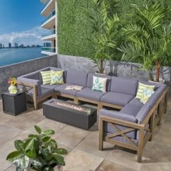 Thasos 10pc Acacia U-Shaped Farmhouse Sectional Sofa Set With Fire Pit - Gray - Christopher Knight Home -Christopher Knight Home GUEST 946ae1e4 be2d 4ee6 996d e52f97d86b38