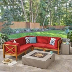 Brava 7pc Acacia Sectional Sofa Set With Fire Pit - Christopher Knight Home -Christopher Knight Home GUEST 97012b68 4797 4c56 a4a9 ff46a0bcf60a
