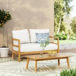2pc Ellendale Outdoor Acacia Wood Loveseat & Coffee Table Teak/White - Christopher Knight Home -Christopher Knight Home GUEST 9ddc2f44 7148 4835 9506 0e11e536546a