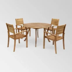 Wells 5 Pc Acacia Wood Round Dining Set Teak Finish - Christopher Knight Home