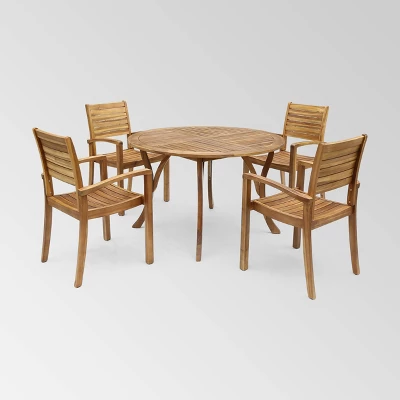 Wells 5 Pc Acacia Wood Round Dining Set Teak Finish - Christopher Knight Home 1 Wells 5 Pc Acacia Wood Round Dining Set Teak Finish - Christopher Knight Home