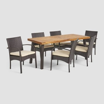 Bavaro 7pc Rectangle All-Weather Wicker And Wood Patio Dining Set - Brown/Cream - Christopher Knight Home 1 Bavaro 7pc Rectangle All-Weather Wicker And Wood Patio Dining Set - Brown/Cream - Christopher Knight Home