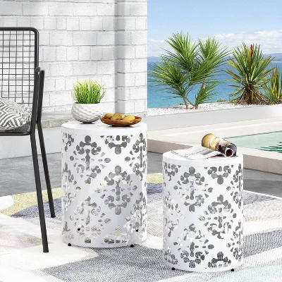 2pk Mathena Outdoor Round Iron Side Tables White - Christopher Knight Home 2 2pk Mathena Outdoor Round Iron Side Tables White - Christopher Knight Home - Image 2