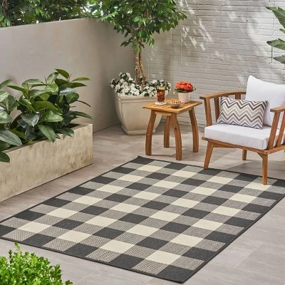 Crossroads Check Outdoor Rug Black/Ivory - Christopher Knight Home 2 Crossroads Check Outdoor Rug Black/Ivory - Christopher Knight Home - Image 2