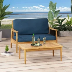 2pc Willowbrook Patio Acacia Wood Loveseat Set With Coffee Table - Teak/Dark Teal - Christopher Knight Home