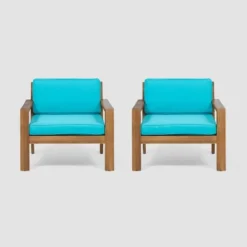 Santa Ana 2pk Acacia Wood Club Chairs Teak/Teal - Christopher Knight Home