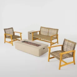 Christopher Knight Home 23 Augusta 5pc Wood & Wicker Chat Set With Fire Pit - Natural/Gray/Light Gray - Christopher Knight Home