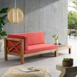 2pc Brava Outdoor Acacia Wood Left Arm Loveseat & Coffee Table With Cushion Teak/Red - Christopher Knight Home -Christopher Knight Home GUEST bc4b81b1 217b 4ec1 a2b7 80ba013a63bd