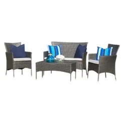 Malta Outdoor 4pc Wicker Chat Set With Cushions - Christopher Knight Home