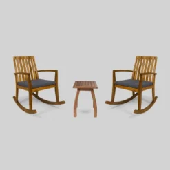 3pc Colmena Acacia Wood Rustic Rocking Chair Set With Side Table Teak - Christopher Knig