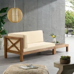 2pc Brava Outdoor Acacia Wood Left Arm Loveseat & Coffee Table With Cushion Teak/Beige - Christopher Knight Home -Christopher Knight Home GUEST c206bab7 7c5e 4fe3 9d56 2183ea0121a1