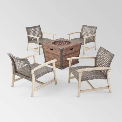 Hampton 5pc Wood & Wicker Club Chair Set With Fire Pit - Christopher Knight Home 1 Hampton 5pc Wood & Wicker Club Chair Set With Fire Pit - Christopher Knight Home