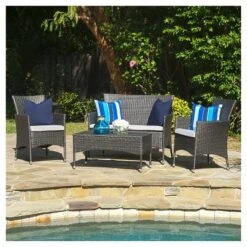Malta Outdoor 4pc Wicker Chat Set With Cushions - Christopher Knight Home -Christopher Knight Home GUEST d78dfa47 622f 4857 88f9 4aa5be1418dd