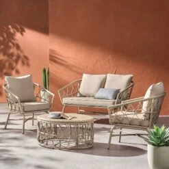 4pc Bruce Outdoor Wicker Set With Cushions Light Brown/Beige - Christopher Knight Home -Christopher Knight Home GUEST d85f2449 fd19 4b8f 9bce e67eb645438b