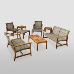 9pc Hampton Wood And Wicker Patio Chat Set Gray - Christopher Knight Home