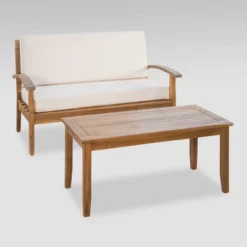 Peyton 2pc Acacia Wood Loveseat And Coffee Table Set - Teak/Beige - Christopher Knight Home