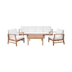 Perla 7pc Acacia Wood Sofa & Club Chair Set - Teak/Cream - Christopher Knight Home