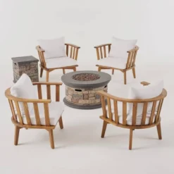 Everglade 6pc Acacia Wood Club Chairs And Fire Pit Set Teak/White/Stone - Christopher Knight Home