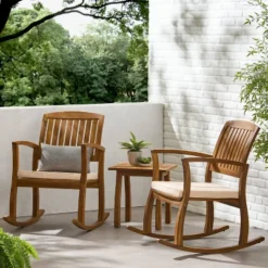 Selma 3pc Acacia Wood Rocking Chair W/ Cushion & Acacia Side Table - Teak - Christopher Knight Home