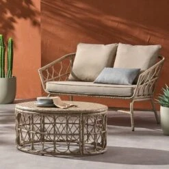 2pc Bruce Outdoor Wicker Loveseat & Coffee Table Light Brown/Beige - Christopher Knight Home -Christopher Knight Home GUEST ee5e8da0 5aa4 46f3 a32d 6996ecd9b375